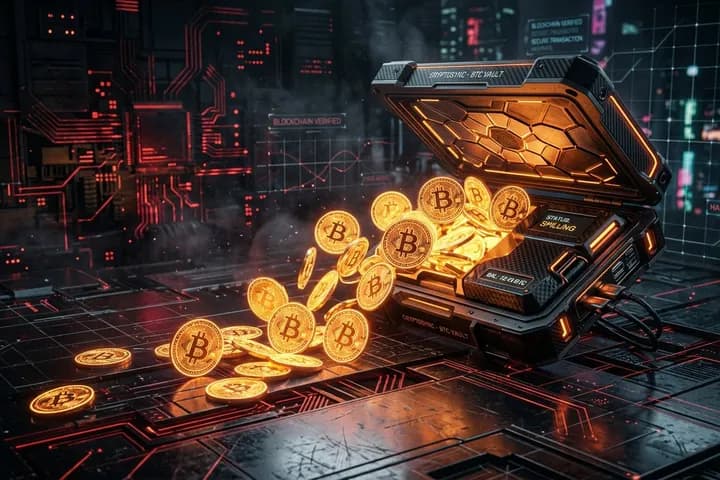 محفظة بيتكوين مفتوح مع عملات مشفرة تتسرب، خلفية مظلمة