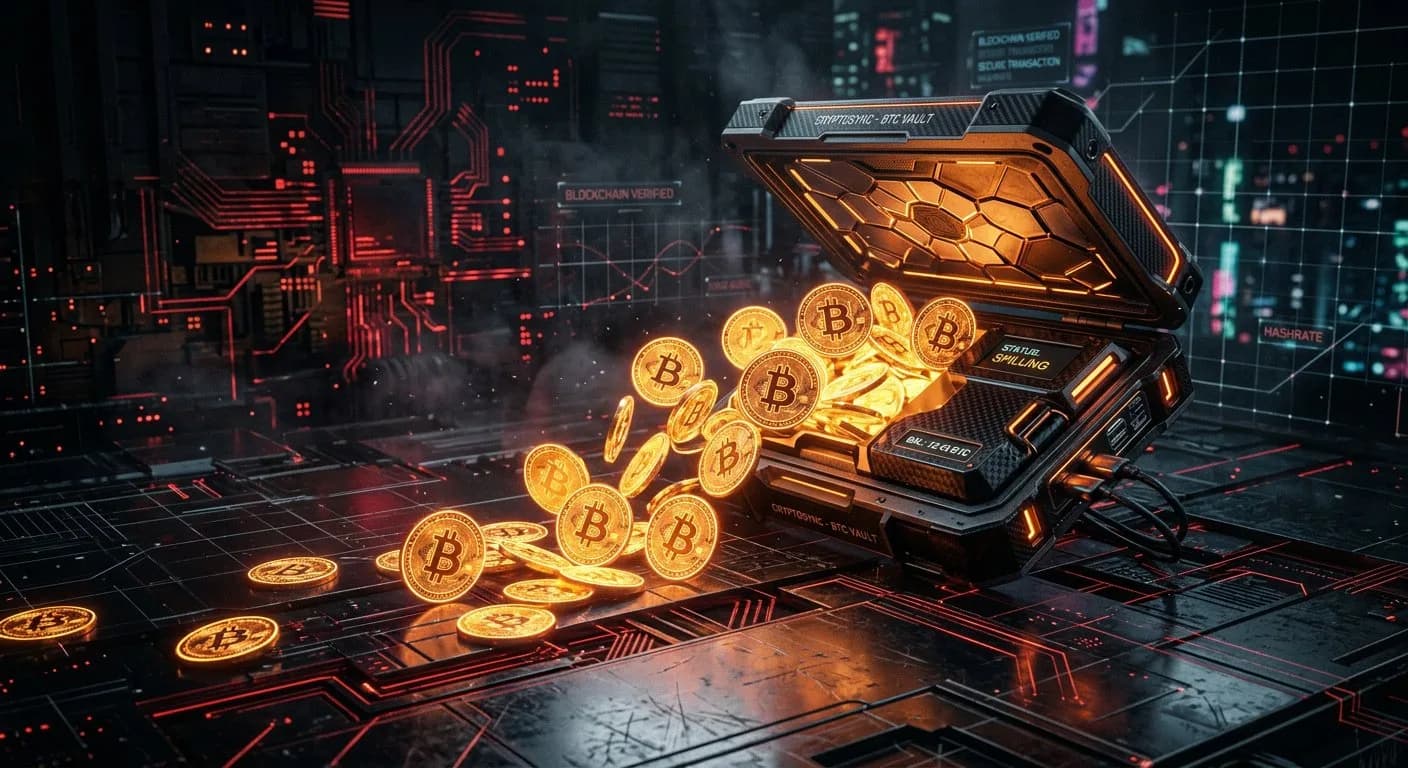 محفظة بيتكوين مفتوح مع عملات مشفرة تتسرب، خلفية مظلمة