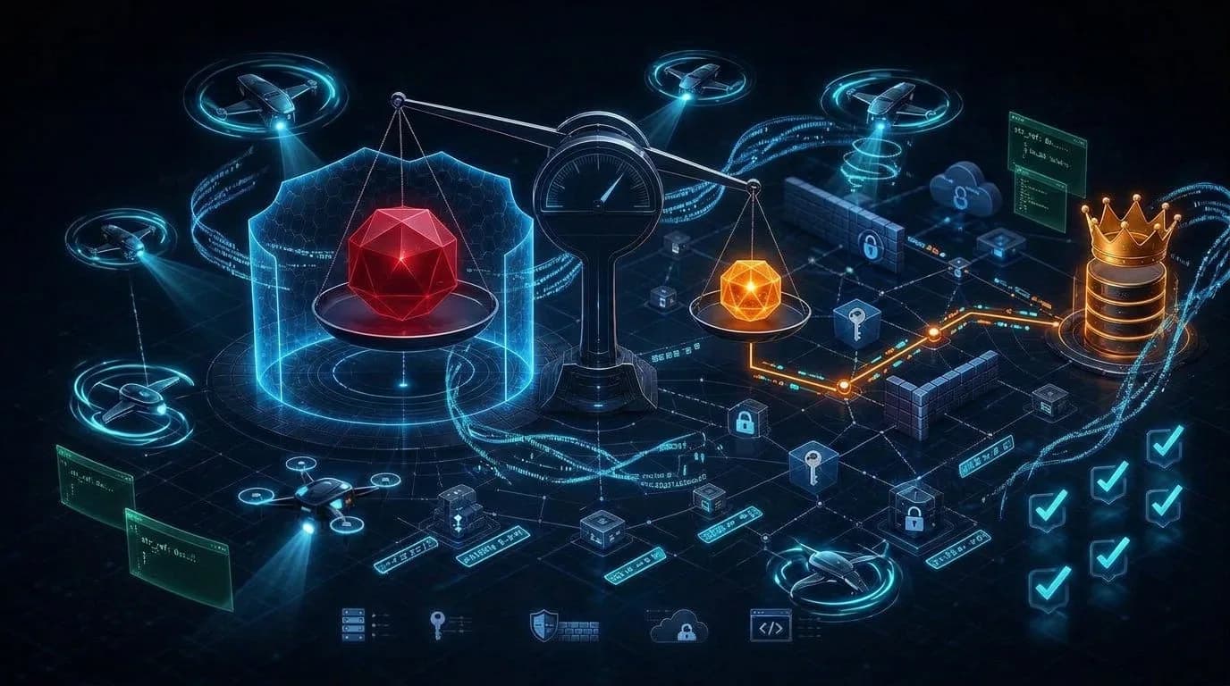 لوحة مخاطر سيبرانية في المنتصف تقارن ثغرة حرجة معزولة بمسار هجوم متوسط يقود إلى بيانات حساسة عبر شبكة مضيئة