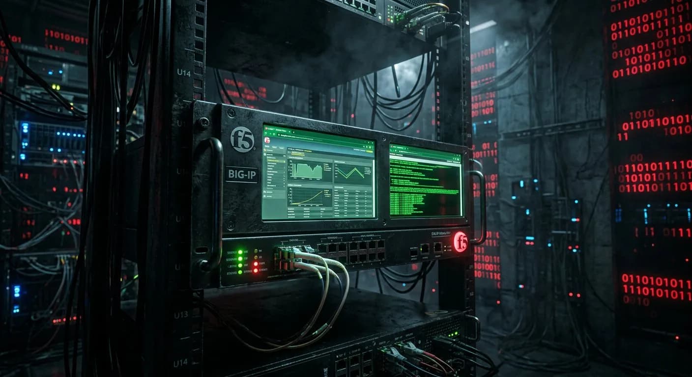 جهاز F5 BIG-IP مع شاشات ويب خضراء متوهجة، خلفية مظلمة
