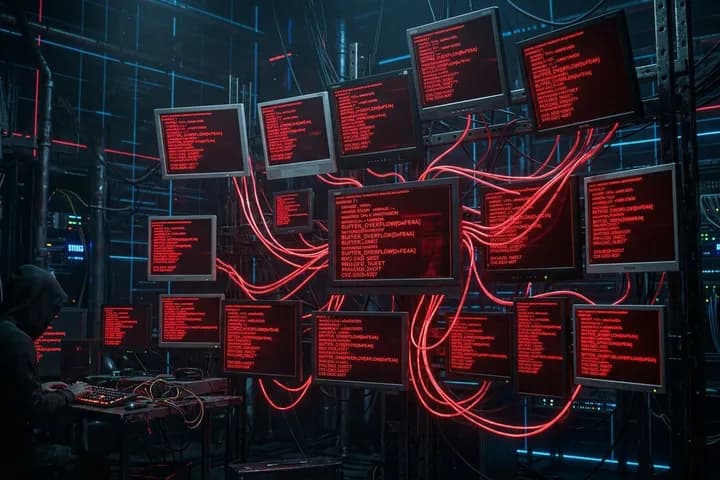 شاشات كمبيوتر متعددة تظهر رموز استغلال متطابقة، مع خلفية شبكة معقدة باللون الأحمر والأزرق