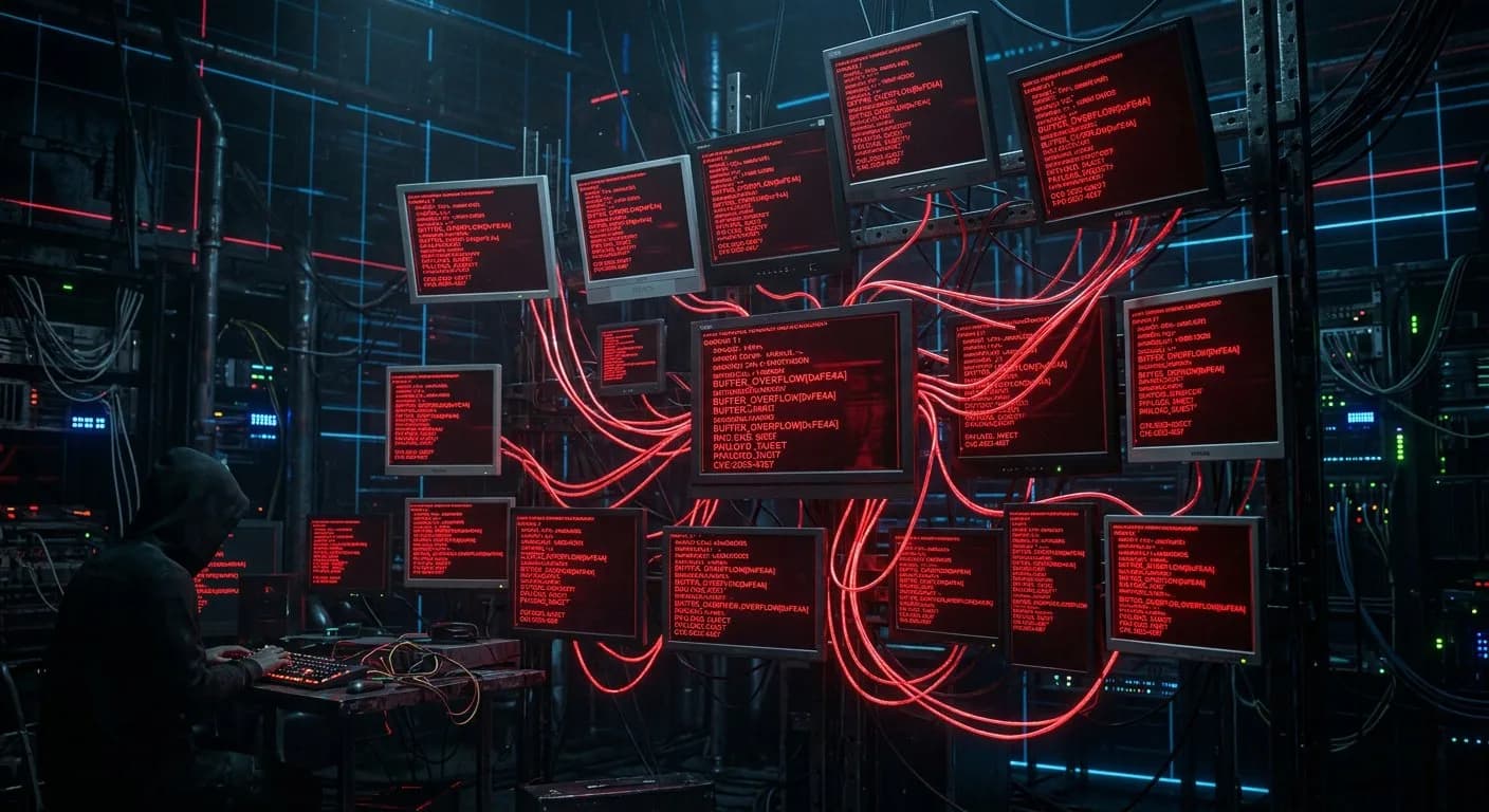 شاشات كمبيوتر متعددة تظهر رموز استغلال متطابقة، مع خلفية شبكة معقدة باللون الأحمر والأزرق