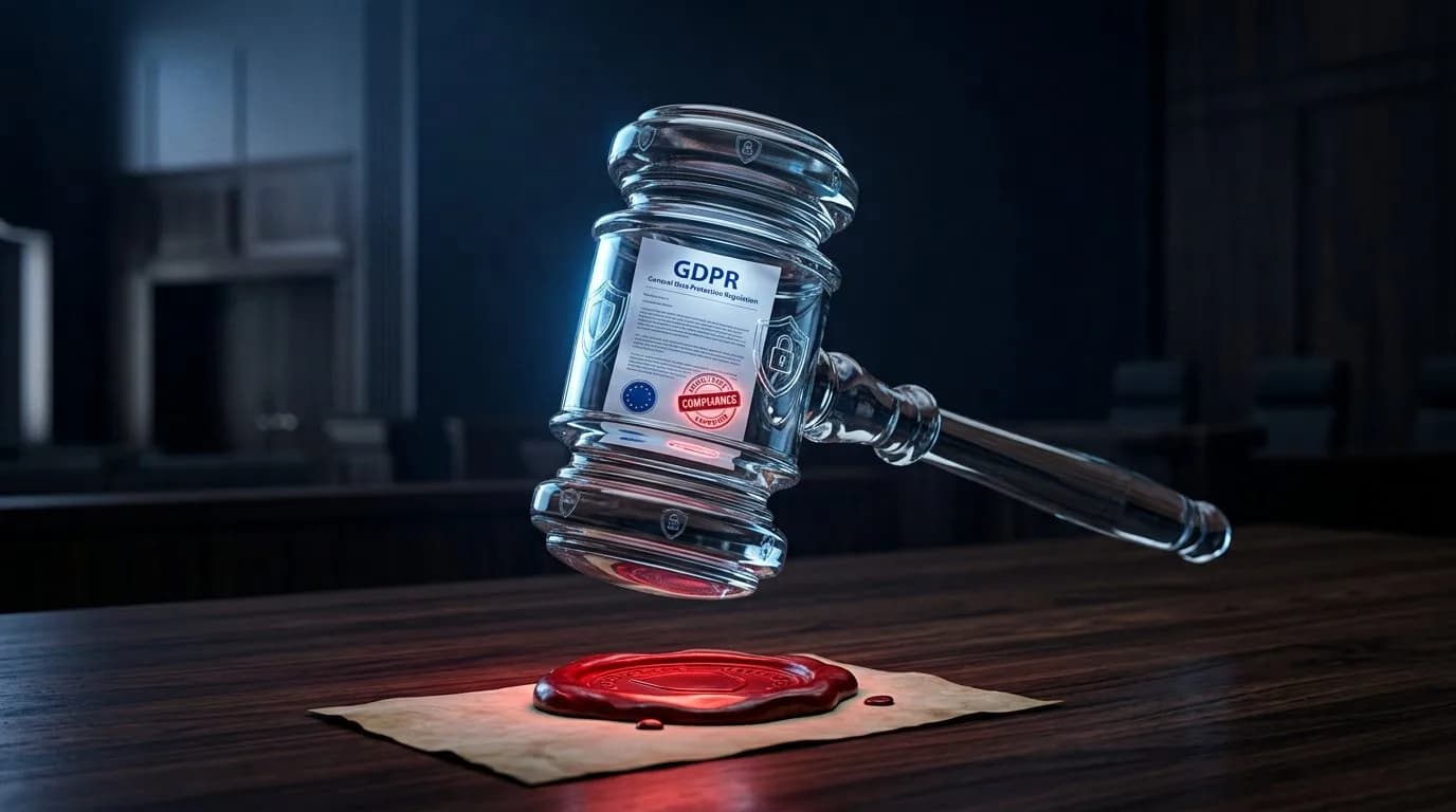 مطرقة قضاء زجاجية مضيئة مع مستند GDPR داخلها، وطابع أحمر عليها، فوق طاولة خشبية داكنة