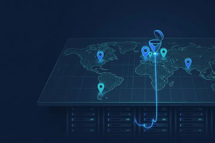 رسم توضيحي: خريطة عالمية رقمية بدبابيس مواقع، أحدها مفتوح وخيط ضوئي يهبط منه إلى خوادم أسفل الخريطة