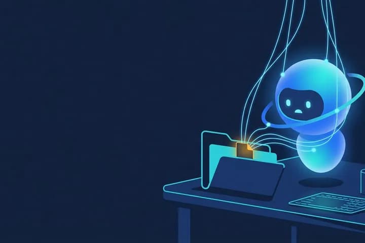 رسم توضيحي: كرة مساعد ذكاء اصطناعي مضيئة على مكتب مطوّر تحرّكها خيوط ضوئية تخرج من ملف إعدادات مخفي داخل مجلد مفتوح