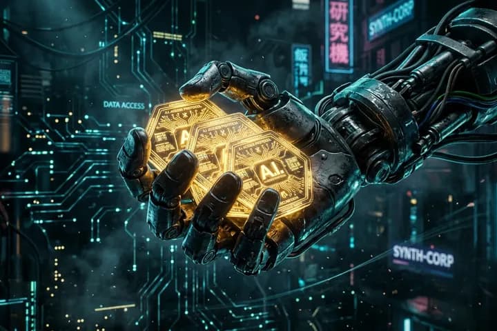 رموز API خضراء تتسرب من جهاز كمبيوتر مع شاشات الذكاء الاصطناعي، خلفية مظلمة