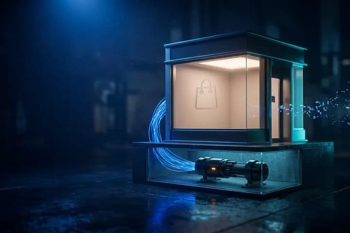 مجسّم لواجهة متجر إلكتروني زجاجية مضيئة ليلًا، وتحت أرضيته الشفافة غرسة معدنية داكنة تمتد منها كابلات مضيئة إلى داخل المتجر دون أن تُرى من الشارع