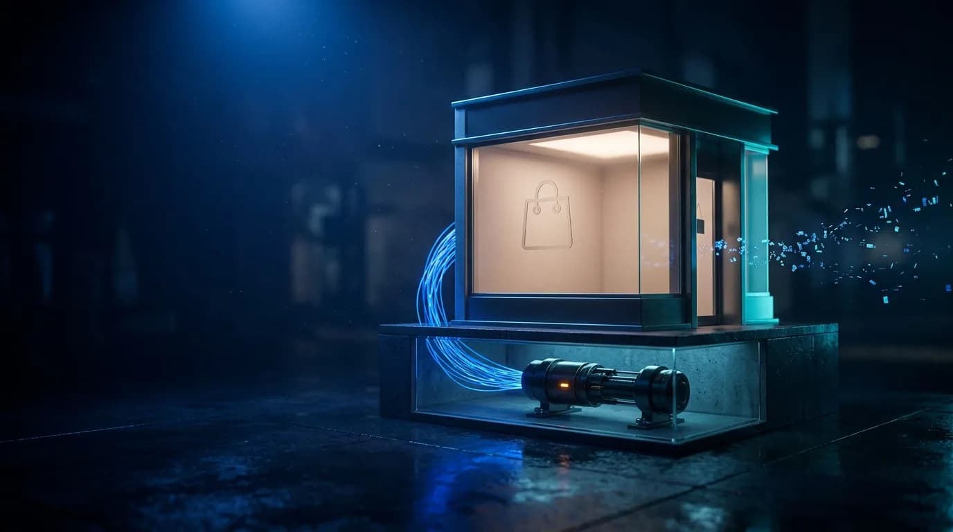 مجسّم لواجهة متجر إلكتروني زجاجية مضيئة ليلًا، وتحت أرضيته الشفافة غرسة معدنية داكنة تمتد منها كابلات مضيئة إلى داخل المتجر دون أن تُرى من الشارع