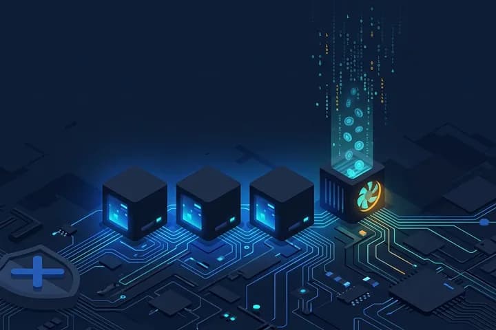 رسم توضيحي: أربع كتل معيارية داكنة على لوحة دوائر، آخرها بمروحة تبريد تدور بداخله وعملات سداسية تتلاشى إلى جزيئات بيانات