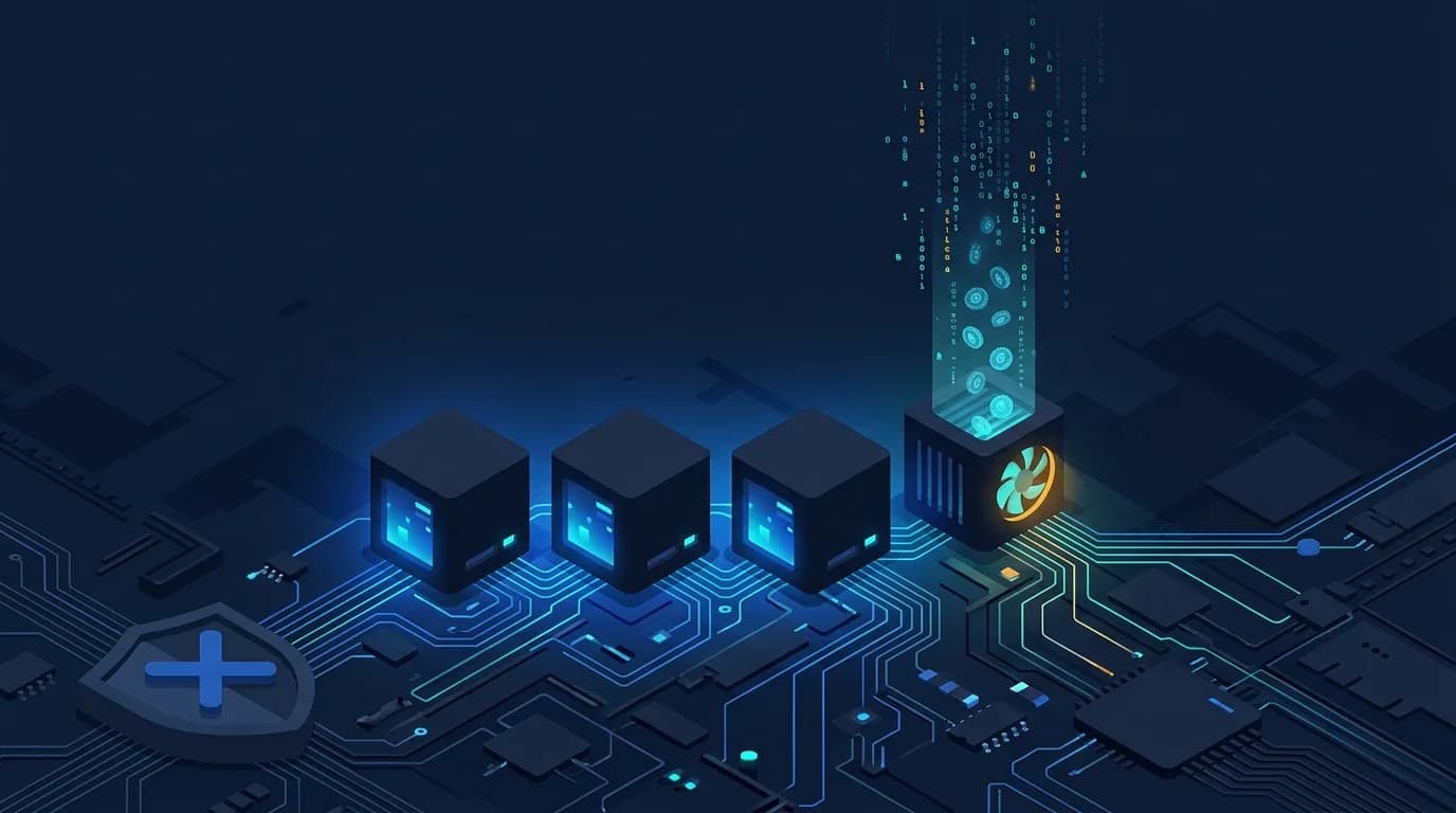 رسم توضيحي: أربع كتل معيارية داكنة على لوحة دوائر، آخرها بمروحة تبريد تدور بداخله وعملات سداسية تتلاشى إلى جزيئات بيانات