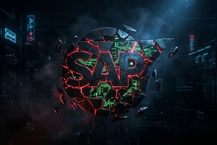 شعار SAP المتحطم مع ثغرات حمراء، خلفية مظلمة