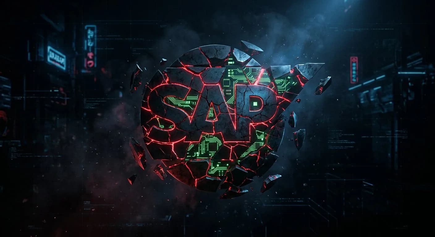 شعار SAP المتحطم مع ثغرات حمراء، خلفية مظلمة