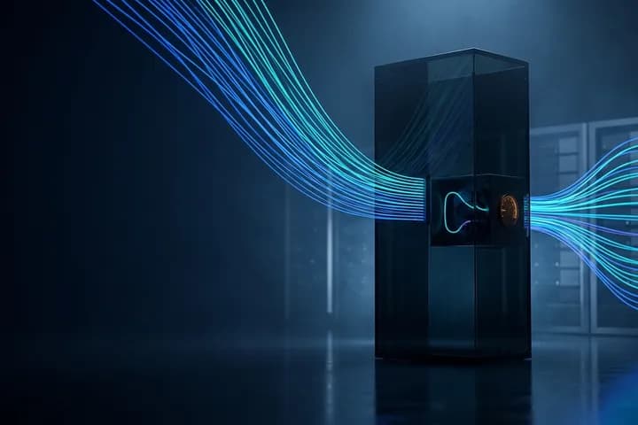 هيكل زجاجي داكن يمثّل موازِن أحمال تتدفق إليه تيارات ضوئية زرقاء وتخرج منه نحو خوادم، وداخله حجرة خفية تحرف تيارًا واحدًا عبر آلية صغيرة بجانب عدّاد كهرماني