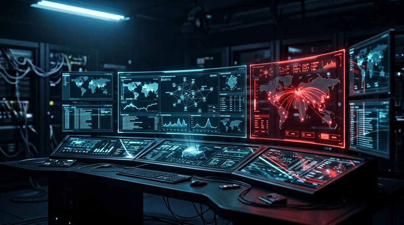 لوحة تحكم لاستخبارات التهديدات مظلمة مع شاشات متعددة تعرض أنماط الهجوم، أحد الشاشات يتوهج باللون الأحمر مع تنبيه حرج