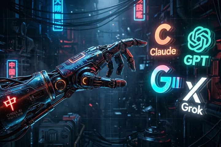 يد روبوتية صينية تمسك بنماذج AI الأمريكية (Claude, GPT, Gemini, Grok) مع خلفية من الدوائر الإلكترونية