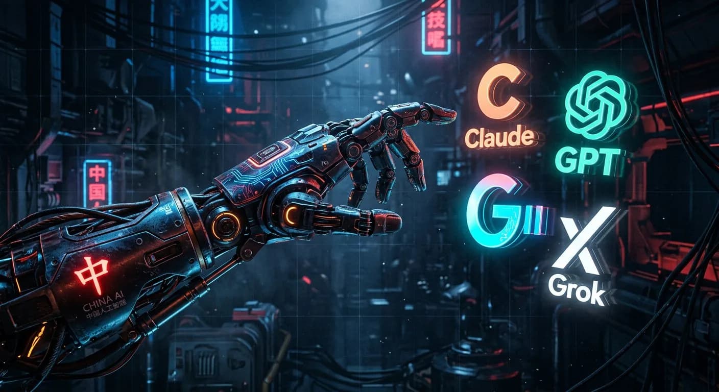 يد روبوتية صينية تمسك بنماذج AI الأمريكية (Claude, GPT, Gemini, Grok) مع خلفية من الدوائر الإلكترونية