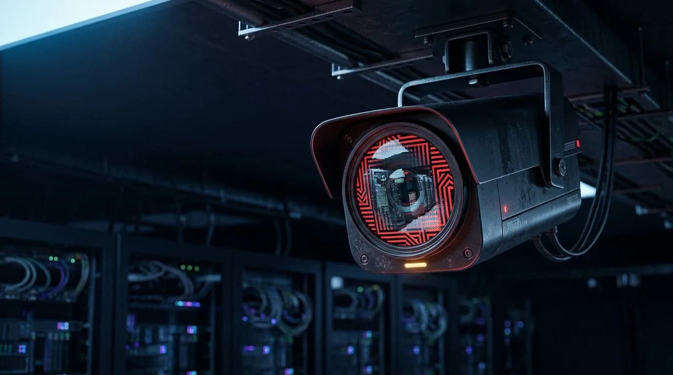 كاميرا أمنية حديثة مثبتة على سقف مظلم، عدستها تظهر رؤية مشوهة مع أنماط adversarial حمراء وسوداء مرسومة عليها