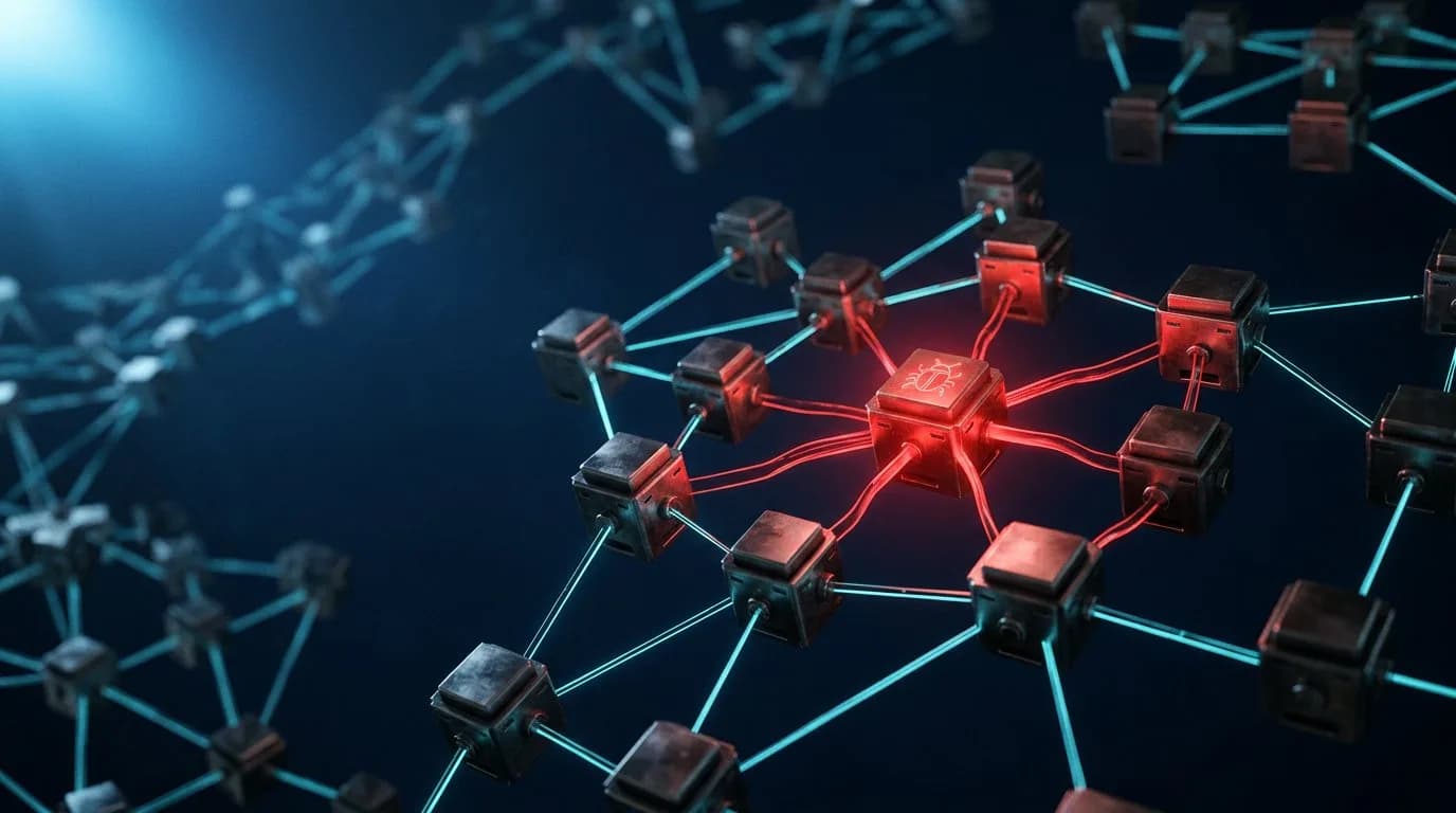 شبكة سلسلة توريد معقدة مع عقد مضيئة، أحد العقد يتوهج باللون الأحمر مع زرع خبيث، وتنتشر خطوط حمراء إلى العقد المجاورة