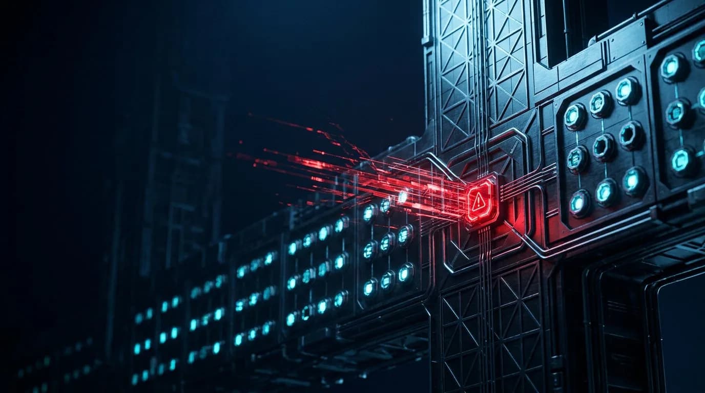 بوابة API مظلمة مع منافذ متعددة، أحد المنافذ يتوهج باللون الأحمر مع ثغرة أمنية، وحزم من البيانات تتسرب منه