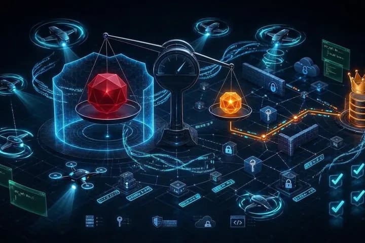 لوحة مخاطر سيبرانية في المنتصف تقارن ثغرة حرجة معزولة بمسار هجوم متوسط يقود إلى بيانات حساسة عبر شبكة مضيئة