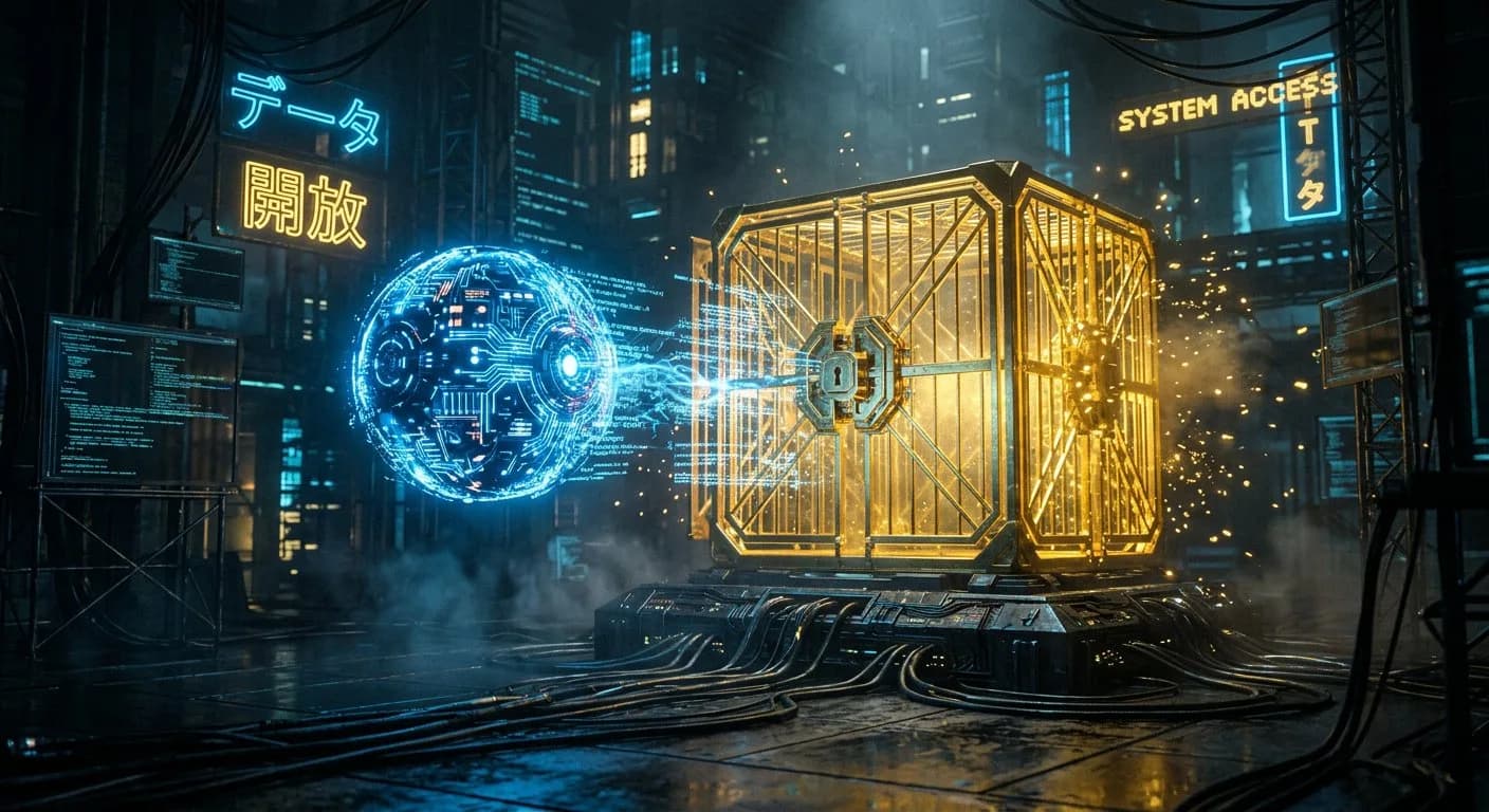 وكيل AI يفتح قفص sandbox، مع خلفية من الدوائر الإلكترونية الزرقاء والذهبية
