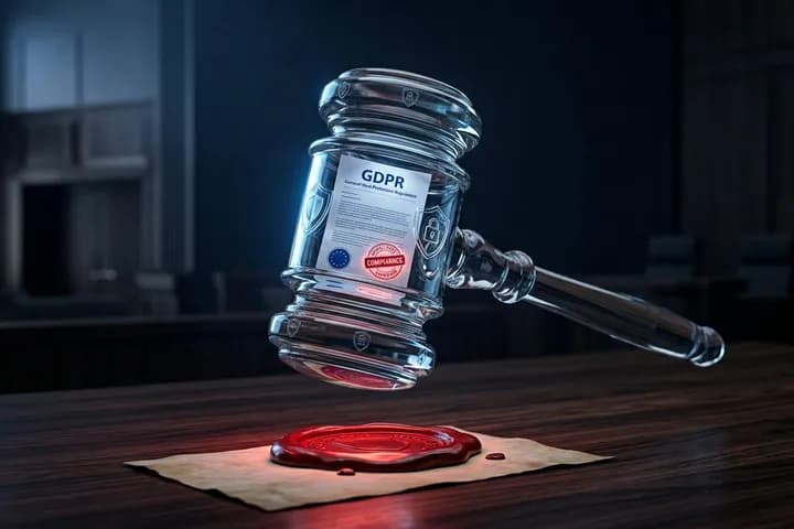 مطرقة قضاء زجاجية مضيئة مع مستند GDPR داخلها، وطابع أحمر عليها، فوق طاولة خشبية داكنة