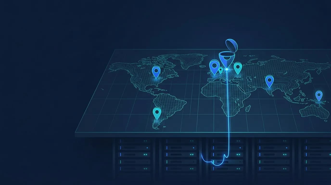رسم توضيحي: خريطة عالمية رقمية بدبابيس مواقع، أحدها مفتوح وخيط ضوئي يهبط منه إلى خوادم أسفل الخريطة