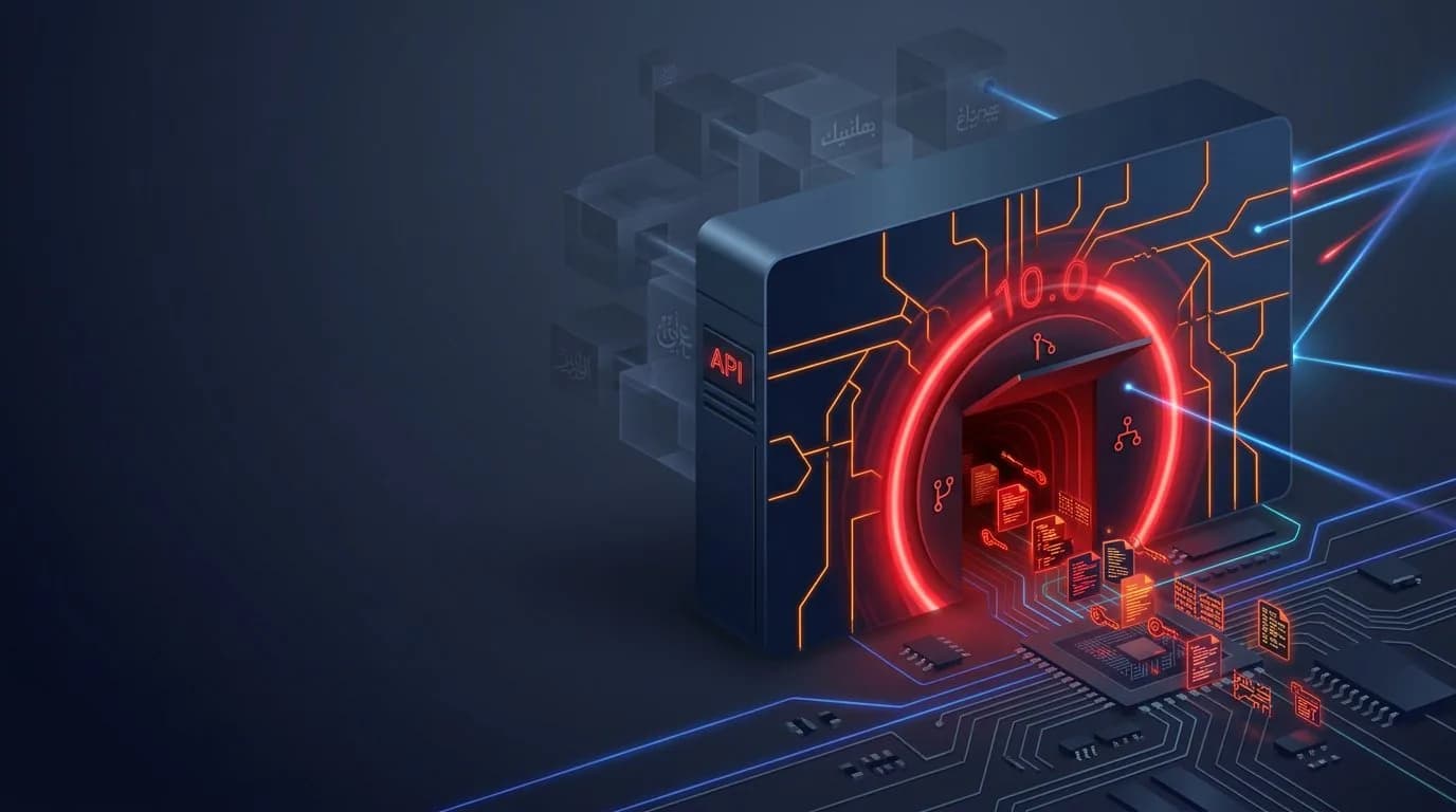 خادم Git ذاتي الإدارة مع خطوط مستودعات برتقالية وملفات إعدادات تتسرب عبر نفق أحمر يرمز إلى ثغرة Path Traversal حرجة بدرجة 10.0
