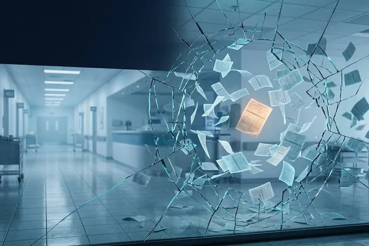 ممر مستشفي نظيف يُرى من خلال نافذة زجاجية رقمية مكسورة، مع قطع من سجلات المرضى العالقة في الهواء