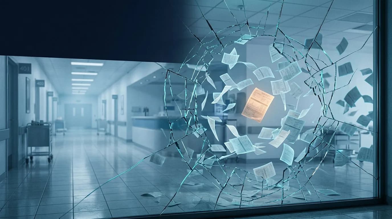 ممر مستشفي نظيف يُرى من خلال نافذة زجاجية رقمية مكسورة، مع قطع من سجلات المرضى العالقة في الهواء