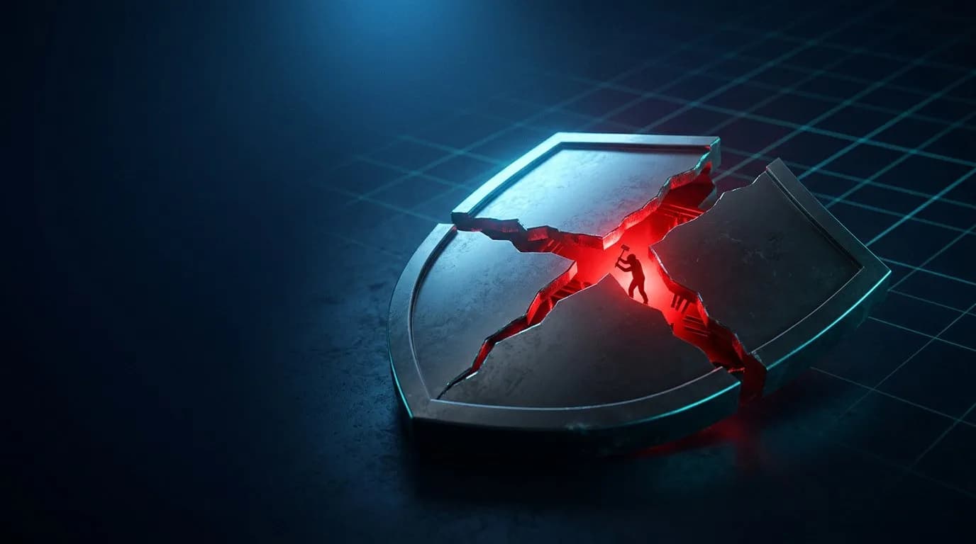 درع Microsoft Defender مظلم مكسور إلى ثلاثة قطع، مع ضوء أحمر يتسرب من الكسر، ورموز نظام Windows في الخلفية