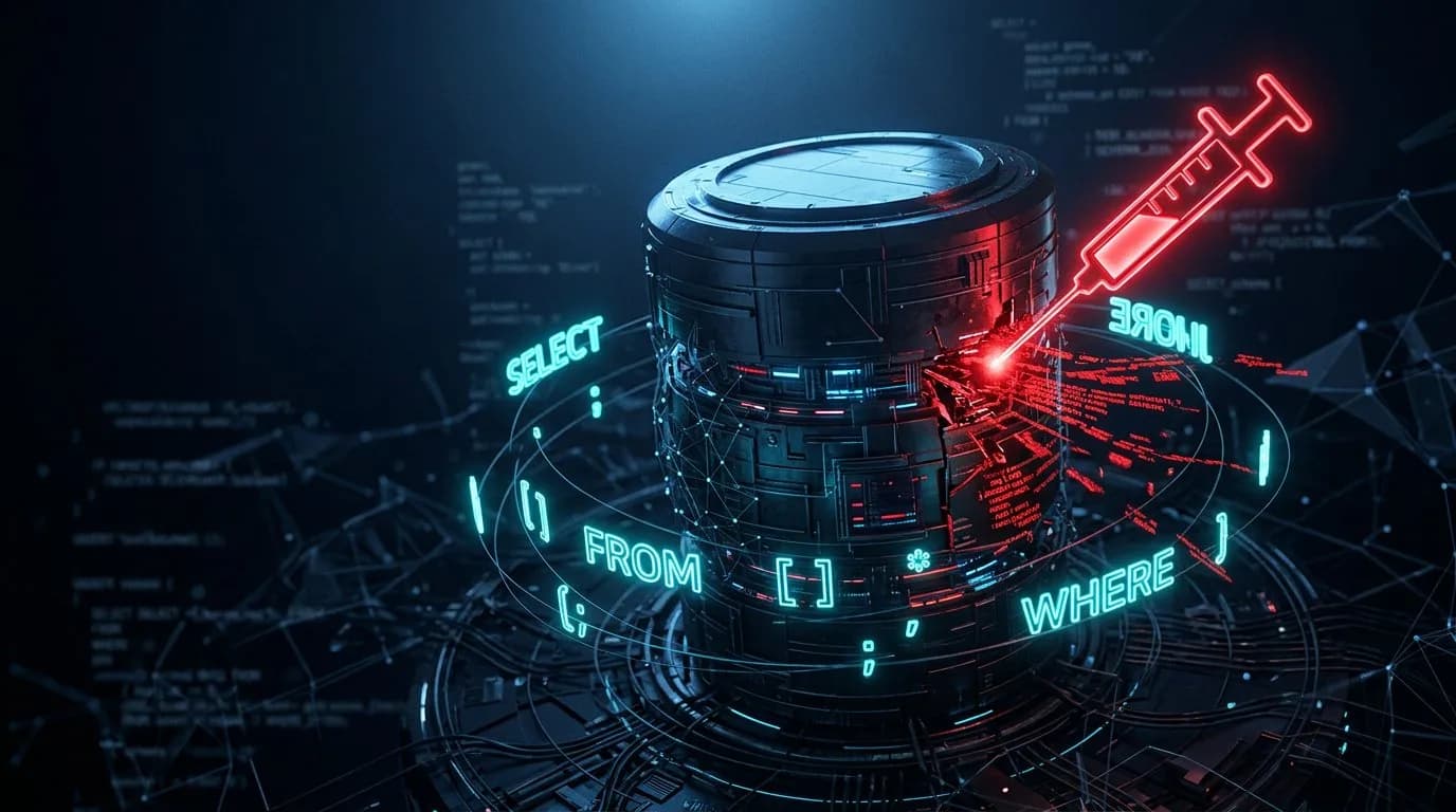 أسطوانة قاعدة بيانات مظلمة مع إبرة حقن حمراء تخترقها، وجزيئات من أوامر SQL تتسرب إلى الخارج