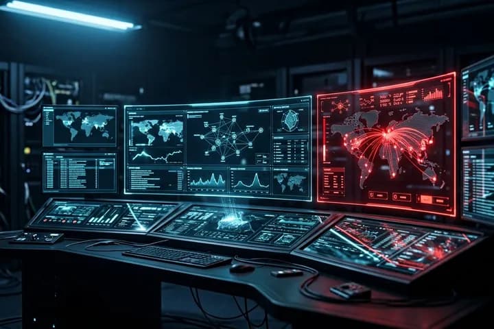 لوحة تحكم لاستخبارات التهديدات مظلمة مع شاشات متعددة تعرض أنماط الهجوم، أحد الشاشات يتوهج باللون الأحمر مع تنبيه حرج